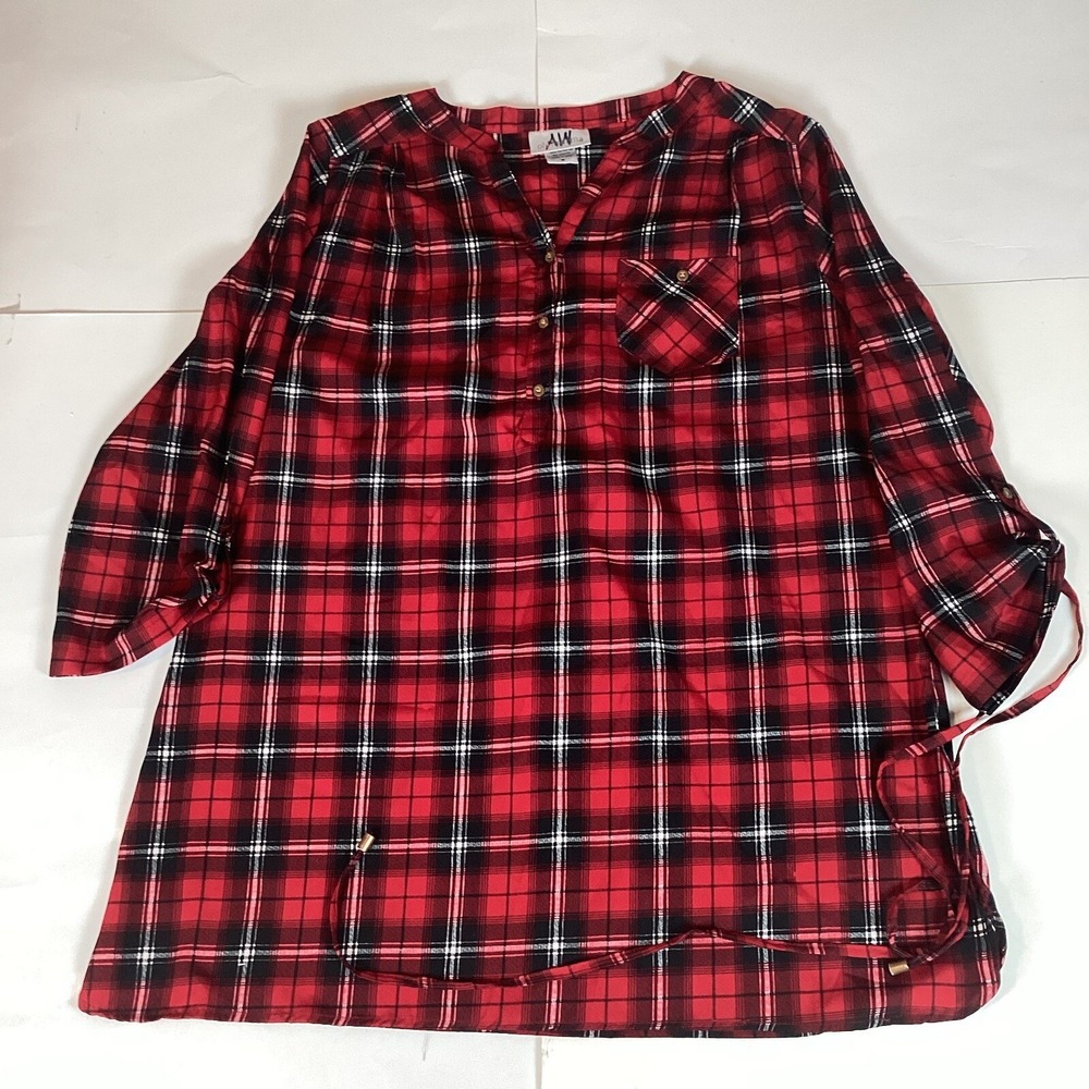 Oh! Mamma Womens Blouse Shirt Top Size M Medium 3/4 Sleeve Comfort Plaid Soft